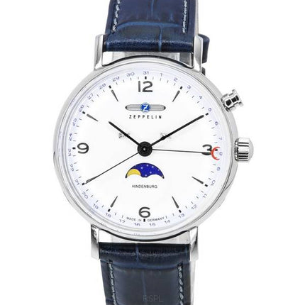 Reloj Zeppelin LZ 129 Hindenburg reacondicionado con correa de cuero, fase lunar, esfera blanca, cuarzo 80761 para hombre