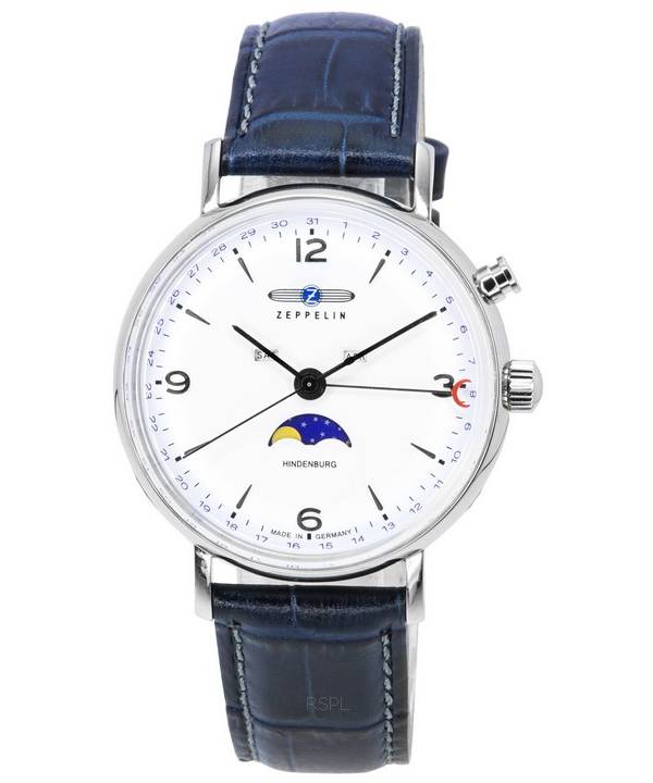 Reloj Zeppelin LZ 129 Hindenburg reacondicionado con correa de cuero, fase lunar, esfera blanca, cuarzo 80761 para hombre