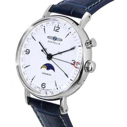 Reloj Zeppelin LZ 129 Hindenburg reacondicionado con correa de cuero, fase lunar, esfera blanca, cuarzo 80761 para hombre