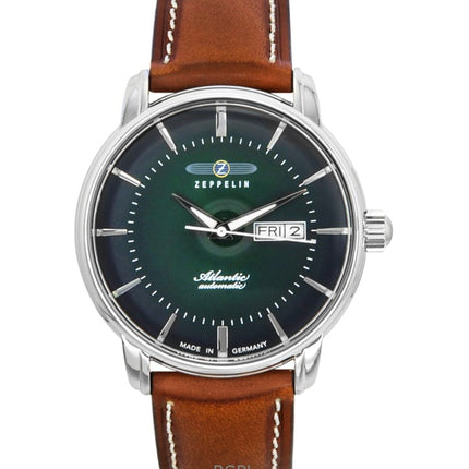 Reloj Zeppelin Atlantic automático para hombre, correa de piel marrón y esfera verde, 84664
