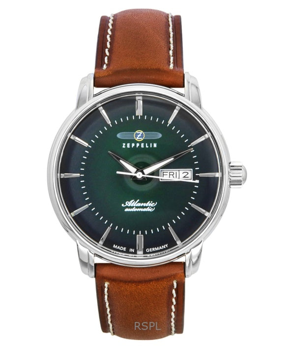 Reloj Zeppelin Atlantic automático para hombre, correa de piel marrón y esfera verde, 84664