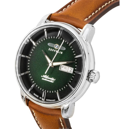 Reloj Zeppelin Atlantic automático para hombre, correa de piel marrón y esfera verde, 84664
