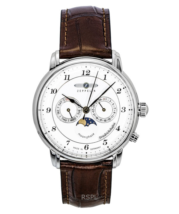 Reloj Zeppelin Friedrichshafen 85361 para hombre con correa de piel marrón y esfera blanca de cuarzo