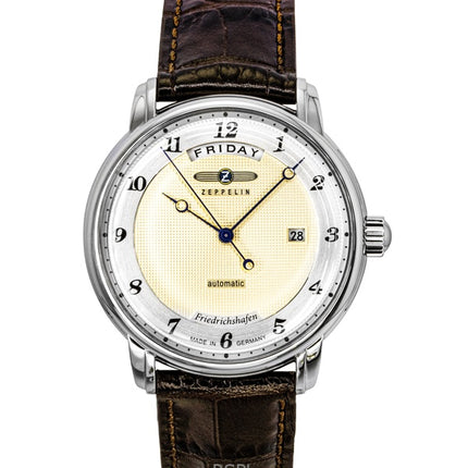 Reloj Zeppelin Friedrichshafen 85625 para hombre, automático, con correa de piel marrón y esfera dorada