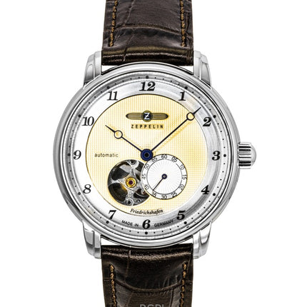 Reloj Zeppelin Friedrichshafe 85665 para hombre, automático, con correa de piel marrón y esfera dorada.