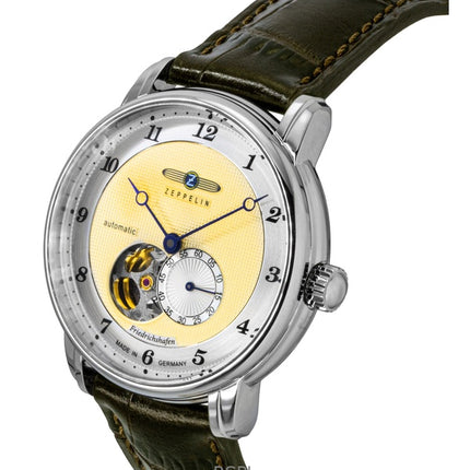 Reloj Zeppelin Friedrichshafe 85665 para hombre, automático, con correa de piel marrón y esfera dorada.