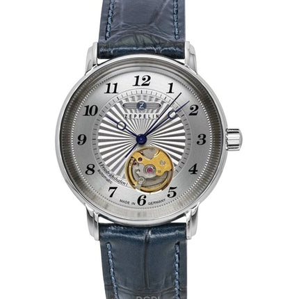 Reloj Zeppelin Friedrichshafen con correa de cuero, esfera plateada y corazón abierto, automático, 85671, para hombre