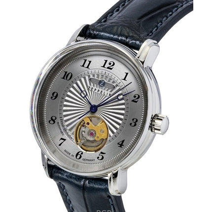 Reloj Zeppelin Friedrichshafen con correa de cuero, esfera plateada y corazón abierto, automático, 85671, para hombre