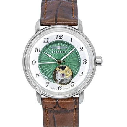 Reloj Zeppelin Friedrichshafen con correa de piel, esfera verde y corazón abierto, automático, 85672, para mujer