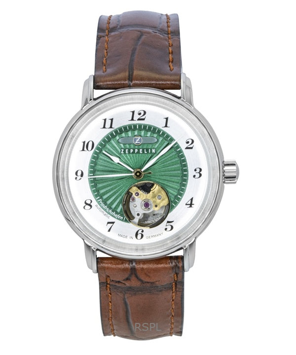 Reloj Zeppelin Friedrichshafen con correa de piel, esfera verde y corazón abierto, automático, 85672, para mujer