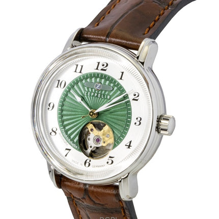 Reloj Zeppelin Friedrichshafen con correa de piel, esfera verde y corazón abierto, automático, 85672, para mujer