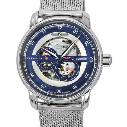 Zeppelin New Captain',s Line Reloj automático para hombre con esfera esqueleto azul de acero inoxidable 8664M3