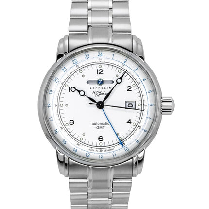 Reloj Zeppelin 100 Jahre GMT de acero inoxidable con esfera plateada, automático, 8666MB1, para hombre