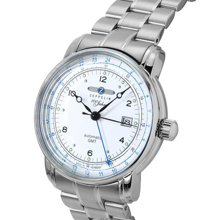 Reloj Zeppelin 100 Jahre GMT de acero inoxidable con esfera plateada, automático, 8666MB1, para hombre
