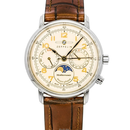 Reloj Zeppelin Mediterranee Moonphase para hombre, con correa de piel, esfera color champán y movimiento de cuarzo (modelo 96375).