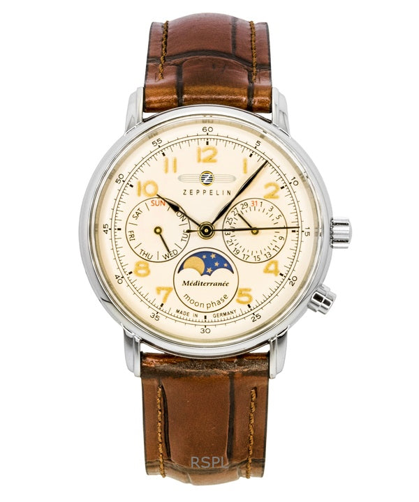 Reloj Zeppelin Mediterranee Moonphase para hombre, con correa de piel, esfera color champán y movimiento de cuarzo (modelo 96375).