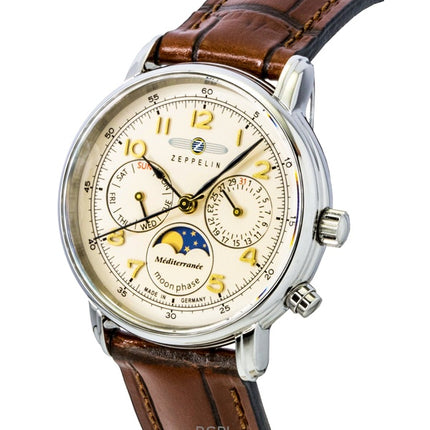 Reloj Zeppelin Mediterranee Moonphase para hombre, con correa de piel, esfera color champán y movimiento de cuarzo (modelo 96375).