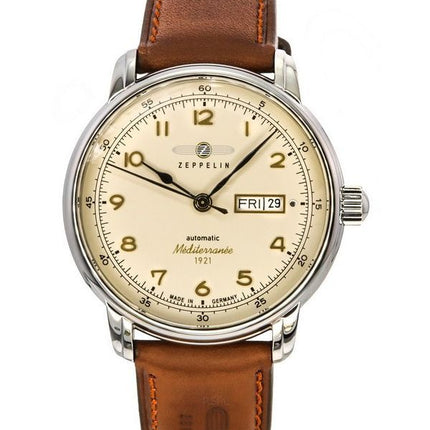 Reloj Zeppelin Mediterranee 1921 con correa de cuero y esfera beige automático 96645 para hombre
