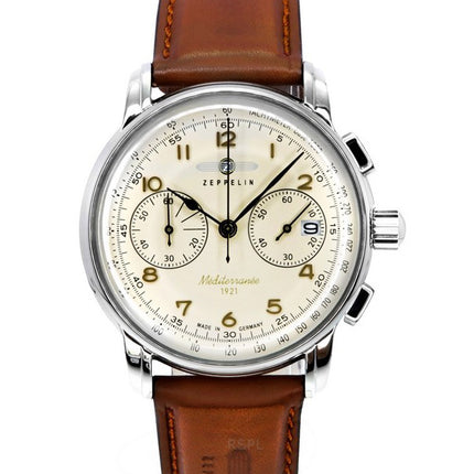 Reloj Zeppelin Mediterranee cronógrafo con correa de cuero y esfera beige de cuarzo 96705 para hombre