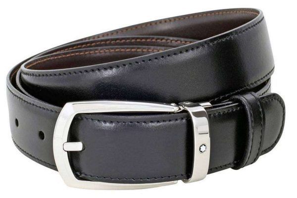 Montblanc 112960 Cinturón de herradura de cuero negro / marrón reversible para hombre