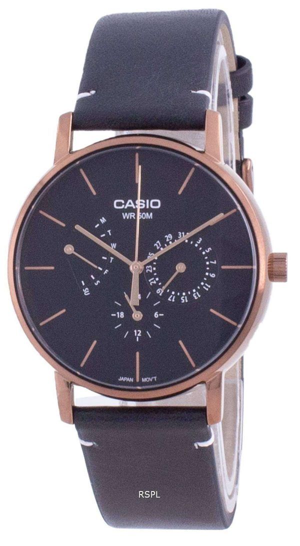 Reloj Casio Multi Hands con esfera negra y correa de cuero de cuarzo MTP-E320RL-1E MTPE320RL-1 para hombre