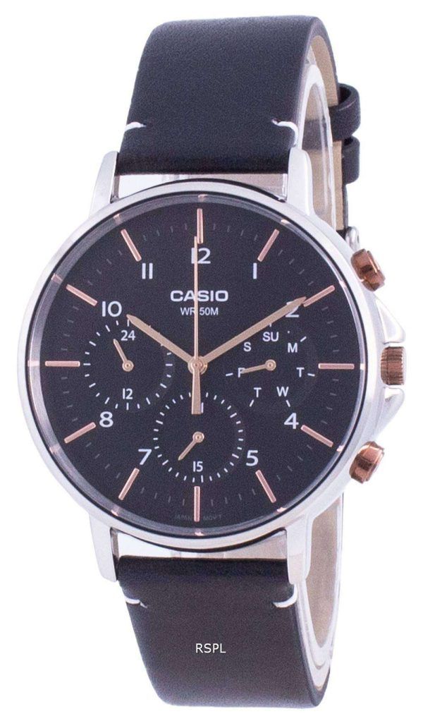 Reloj Casio Multi Hands con esfera negra y correa de cuero de cuarzo MTP-E321L-1A MTPE321L-1 para hombre