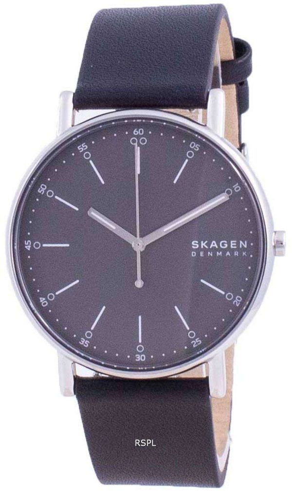 Skagen Signatur, esfera gris, correa de cuero, cuarzo, SKW6654, reloj para hombre