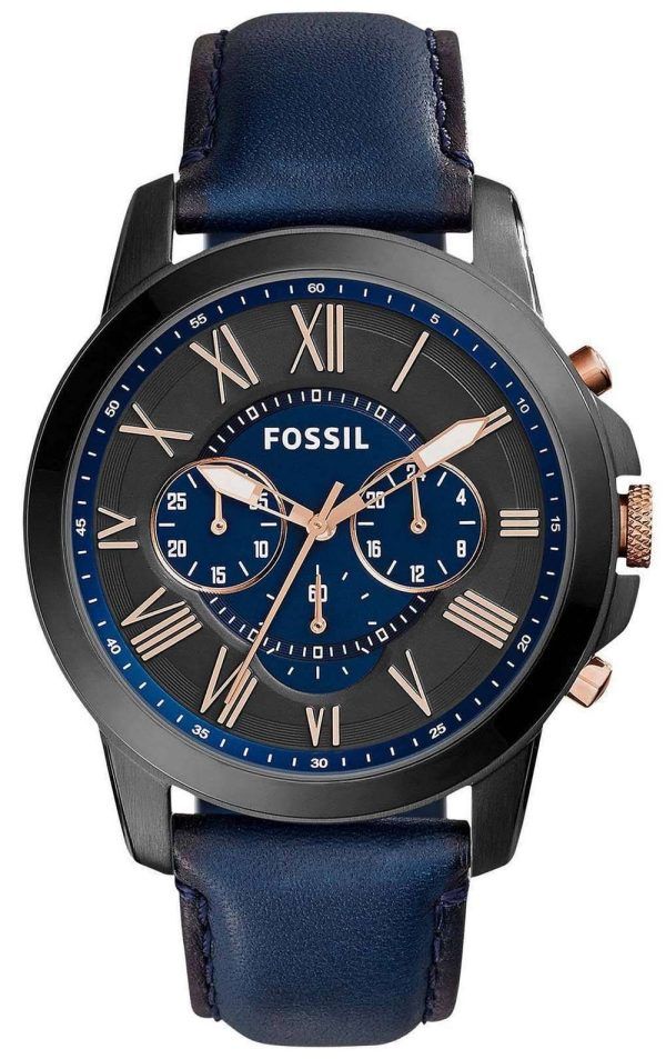 Reloj Fossil Grant cronógrafo con esfera negra y azul de cuero azul FS5061 para hombres