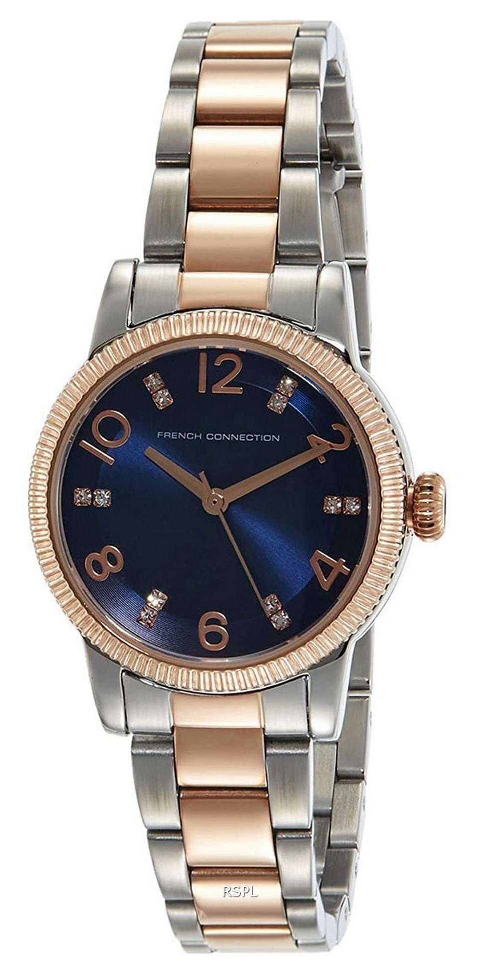 FCUK Reloj de cuarzo de acero inoxidable en dos tonos con esfera azul FCS1005SRGM para mujer
