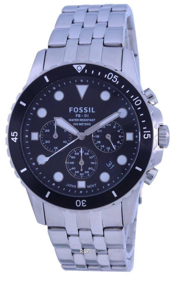 Fossil FB-01 Cronógrafo Dial negro Acero inoxidable Cuarzo FS5837 100M Reloj para hombre