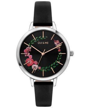 Reloj Oui &amp, Me Grande Fleurette con esfera negra y correa de cuero de cuarzo ME010033 para mujer
