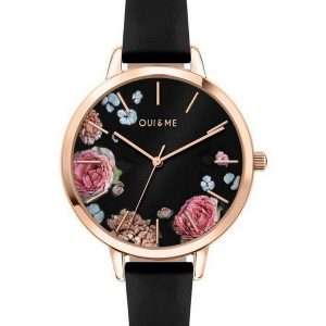 Reloj Oui &amp, Me Grande Fleurette con esfera negra y correa de cuero de cuarzo ME010109 para mujer