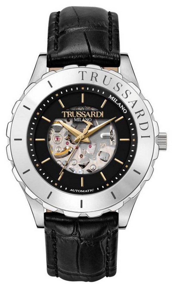 Trussardi T-Logo Semi Skeleton Dial negro Correa de cuero Automático R2421143002 Reloj para hombre