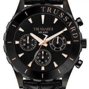 Trussardi T-Logo, esfera negra, correa de cuero, cuarzo, R2451143003, reloj para hombre