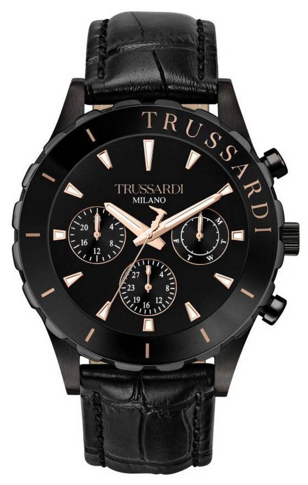 Trussardi T-Logo, esfera negra, correa de cuero, cuarzo, R2451143003, reloj para hombre