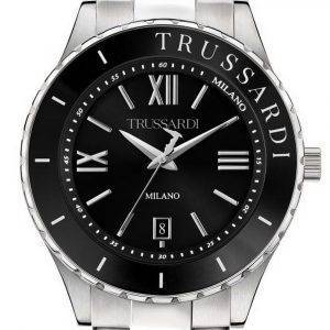 Trussardi T-Logo, esfera negra, acero inoxidable, cuarzo R2453143010, reloj para hombre