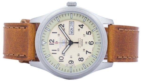 Reloj para hombre Seiko 5 Sports Military Automatic Japan Made Ratio de cuero marrón SNZG07J1-LS9