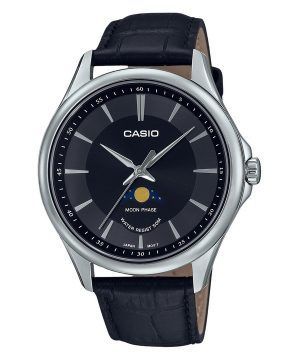 Reloj Casio estándar analógico con fase lunar, correa de cuero, esfera negra, cuarzo MTP-M100L-1A para hombre