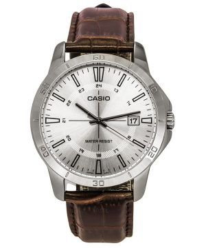 Reloj Casio estándar analógico con correa de cuero marrón y esfera plateada de cuarzo MTP-V004L-7C para hombre