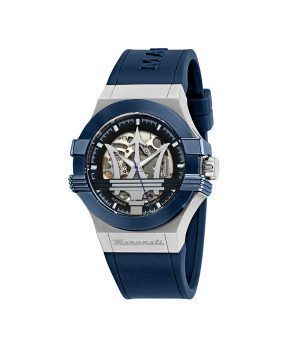Maserati Potenza Blue Rubber Strap Silver Skeleton Dial Automatic R8821108035 100M Men's Watch