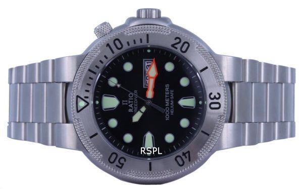 Ratio FreeDiver Reloj para hombre con esfera negra y acero inoxidable de cuarzo 1050MD93-02V-BLK 1000M
