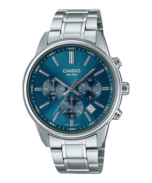 Reloj para hombre Casio Cronógrafo analógico estándar de acero inoxidable con esfera azul y cuarzo MTP-E515D-2A1V