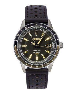 Reloj Seiko Presage Style60's GMT con correa de piel de becerro y esfera negra automático SSK013J1 para hombre